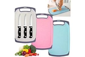 HUIFENGJIE 3 pezzi Tagliere da cucina,Tagliere Cucina Set in Plastica Antiscivolo,con 3 pezzi coltelli da bistecca,taglieri con scanalatura per il succo, Tagliere Senza BPA,per Carne,Verdure e frutta, Colorato