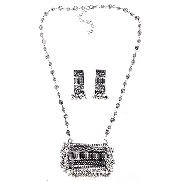 Shining Diva Oxidised Silver Traditional Necklace Jewellery Set For Women - Boho Afghani Style Choker With Earrings - View #14