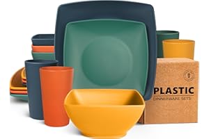 Teivio 16-Piece Kitchen Plastic Square Dinner Set, Service for 4, Dinner Plates, Dessert Plates, Bowls, Cups, Unbreakable Plastic Plates and Bowls Set, Outdoor Camping Dishes, Autumn Multicolor