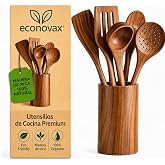 ECONOVAX 100% Natural Teak Wood Kitchen Utensils - Set of 6 with Stand - Non-Stick Spoons, Spatulas and Ladles for Frying Pan