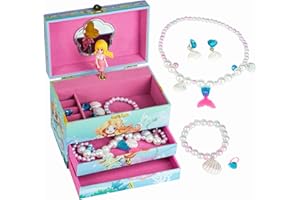 ADEL DREAM AdelDream Caja de música para niñas pequeñas caja de joyas para hija y mujer amiga regalo de cumpleaños regalo de cumpleaños (tres capas de sirena verde,Juego de cinco piezas de joyería)