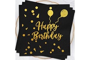 WENTSENT Black Gold Party Napkins, 40 Pcs Happy Birthday Disposable Napkins, Tableware Paper Napkins, Birthday Napkins Serviettes for Women Men Boy Girl