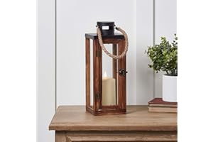 Lights4fun Lanterna in Legno Scuro di 34 cm cm con Candela Avorio a LED TruGlow® a Pile con Timer per Interni
