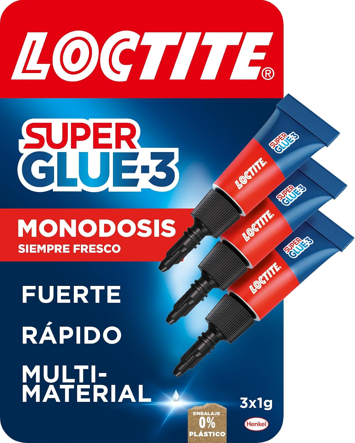Loctite Super Glue-3 Monodosis Transparente 3x1g - Pegamento Instantáneo Universal, Fuerte y Rápido - Resistente al Agua, Lavavajillas, Golpes, Temperaturas Extremas - Fórmula Antigoteo