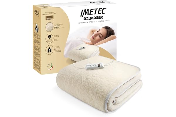 Imetec Scaldasonno, värmeundersäng för enkelsängar, 150 x 80 cm, låg strömförbrukning, 50% ull och merinoull, 2 temperaturer, elektrisk block-säkerhetsanordning, tillverkad i Italien