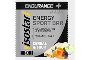ISOSTAD Isostar Barres Energy Sport Céréales & Multi-Fruits – Barre Énergétique Céréales, 29g Glucides, Trail Marathon Vélo Endurance, Source Vitamines B1, B2, B6, C, E, Texture Facile À Mâcher, 3x40g, 120g.