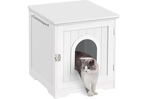 Yaheetech Litter Box Enclosure, Indoor Wooden Cat House for Bathroom, Bedroom & Living Room, White Washroom Litter Cabinet with Holes, Door Latch & Side Bar