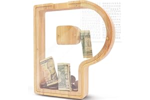 DBPBToU Hucha Grande de Madera con Letras, Huchas Personalizada Transparente 23*4*23cm, Hucha Cerdito para Niños, Hucha Grandes Creativa para Regalo de Cumpleaños/Decoración del Hogar/Recuerdo (P)