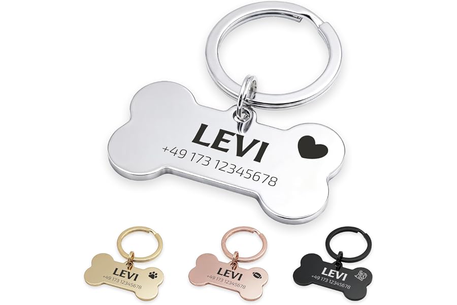 Produktabbildung zu FELLSOCKE Hundemarke mit Gravur aus Edelstahl, Individuell gravierbar, Robuste Tiermarke, Dogtag Anhänger Hunde, Pferde, Katzen & Welpen (Glänzend, Silberfarben, 40x21mm)