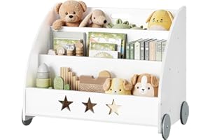 WOLTU Estantería para Niños con 4 Ruedas y 3 Estantes Pequeños, Librero Infantil para Habitación Organizador Multiusos, Estante de Mini Libreria Blanca Madera