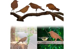 Gloryit Uccelli Arrugginiti con Vite, Metallo arrugginito con 4 uccelli, spina per uccelli in metallo, Uccelli in metallo color ruggine ​inclusa vite per l'inserimento diretto nel legno