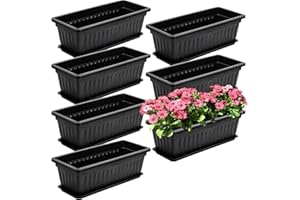 Fasmov 5 Pack 17 Inches Flower Window Box Plastic Vegetable Planters with Trays Vegetables Growing Container Garden Flower Plant Pot with 5 Pcs Plant Labels for Balcony, Patio, Garden, Black