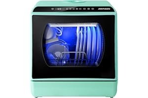 AIRMSEN Mini Table Top Dishwasher, 6 Programs Countertop Dishwasher, 5L Water Tank, 2 Ways Water Supply, Touch Control & LED Display, Ideal for Home Kitchens, Apartments, Dorms, Green
