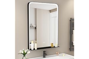 STARLEAD Lustro łazienkowe ze światłem i półką 80x60 cm, lustro LED z funkcją zapobiegającą zaparowaniu, możliwość ściemniania, 3 kolory światła, funkcja pamięci, IP44, hartowane szkło lustrzane