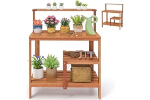 TANGZON Garden Potting Table, Solid Wood Potting Table with Trellis, Open Shelves, Teak Oil Finish, Gardening Workstation & Planting Work Table for Outdoor Patio Backyard Balcony