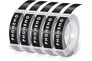 ‎PHOMEMO Phomemo Label Tape Embossing Tape Compatible with Dymo Omega Label Tapes Replacement for 3D Label Tape 9 mm for Omega S0717930 Junior S0717900 Labeling Device (White on Black, Pack of 5)