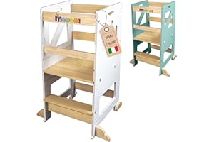 MAMAMI® Torre montessoriana per Bambini, Torre di Apprendimento Montessori in Legno Regolabile, Sicura Antiribaltamento e Antiscivolo, Bianco e Legno Naturale, 48x45x90 cm