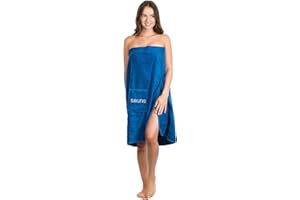 Brandsseller Toalla de sauna para mujer S-XXL con cierre de velcro, goma elástica y bolsillo, 100% algodón, color azul