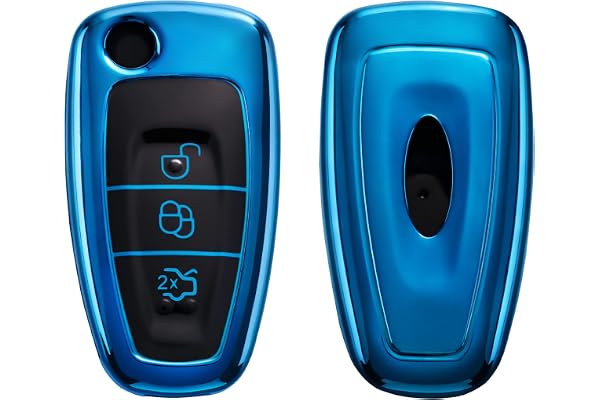 kwmobile Boitier Clef Voiture Compatible avec Ford 3-Bouton - Coque en Silicone de Clef de Voiture - Étui de Protection Bleu Haute Brillance