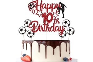 Gidobo 10th Birthday Cake Toppers, Red Glittery Cake Decorations with Football Theme, Ten Years Old Soccer Birthday Party Supplies for Boys