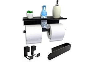 ELANDYR - Accesorios Baño sin Taladro - Set de Baño Moderno y Resistente - Kit de Instalación Incluido para un Montaje Sencillo y Seguro - Accesorios Baño Negro (Portarrollos, Toallero y Dos Ganchos)