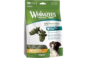 WHIMZEES Aligator, gryzaki dentystyczne dla średnich psów, przysmak dla psów do pielęgnacji zębów, rozmiar M, 12 sztuki, bez dodatku cukru, bezzbożowe, naturalne, niskotłuszczowe