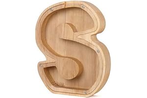 MoneRffi Personalized Letters Wooden Piggy Bank 23x23cm, A-Z Letters Coin Bank Money Box with Clear Alphabet Stickers, Money Saving Bank For Family Christmas Birthday DIY Gift Home Decoration