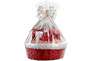 H-Line Christmas Hamper Basket Santa Bamboo Baskets Round Wicker Baskets with White Faux Fur Trim Cellophane Wood Shred Bow Set Decorative Festive Hamper Christmas Basket for Snacks Sweets (Small)