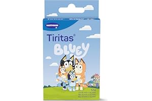 Tiritas Bluey; con los Personajes Emblemáticos de la Serie Bluey; Diseños Surtidos; Bandit, Chilli, Bingo, Bluey; Apósitos Infantiles; 12 Unidades