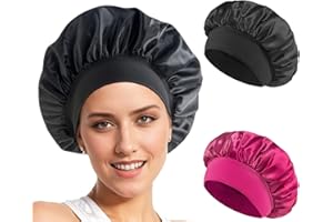Loomify 2 Piezas Gorro de Seda para Dormir,Gorro Saten Pelo Rizado, Satin Bonnet con Banda Ancha Elástica para Mujeres y Niñas