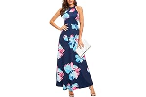 STYLEWORD Women's Maxi Dresses Halter Neck Summer Dress Floral Print Sleeveless Off Shoulder Elegant Long Dress