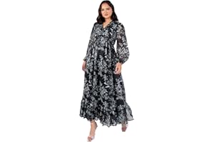 Lovedrobe Damen Women's Maxi Ladies V-Neck Long Balloon Sleeve Floral Print Ruffle Frill Keyhole Back A-line Evening Occasion Dress