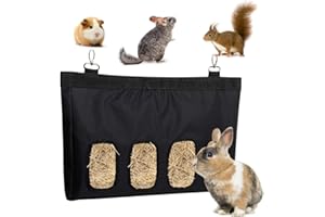 DEIOXHY Rabbit Hay Feeder Bag, Guinea Pig Rabbit Hay Bag Feeder Racks, Feeding Bags Suitable for Guinea Pigs/ Chinchillas/ Rabbits/ Hamsters/ Small Hay-eating Pets/ Herbivore (Black) (Large, 4 Openings)