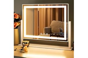 ‎LUXEVUE LuxeVue Schminkspiegel mit Beleuchtung, beleuchteter Kosmetikspiegel, 46×36 cm Hollywood-Spiegel mit 3 Lichtmodi, Abnehmbarer 15x Rundspiegel, 360° drehbar, Metallrahmen,Touch-Design, Netzbetrieb