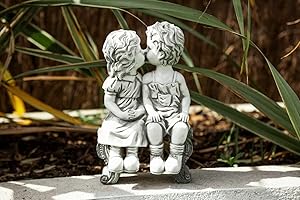 Garden Mile Estatua de jardín para niños en Banco con Efecto de Piedra Blanca, Adornos de jardín al Aire Libre, Escultura de jardín Decorativa Hecha a Mano de Resina para Patio (28 cm de Alto)
