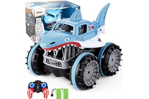 WISBECOST SMAUTOP Vehículo Anfibio Coche de Control Remoto, 2,4 GHz 4WD 360° Giratorio Stunt RC Car 1:14 con Spray Mist Música Luces LED Escala 1:14 con 2 baterías Regalos para niños niñas Mayores de 3 años