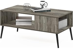 ‎FURINNO Furinno Claude Couchtisch im Mid-Century-Stil mit Holzbeinen, Französisches Eichengrau