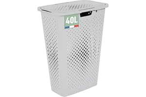 SUNDIS Pixel, panier à linge 40l, en plastique recyclé, blanc cassé, idéal pour les petits espaces, 2 poignées latérales et 1 poignée au-dessous, aération sur les 4 côtés