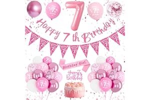 DJLLA 7th Birthday Decorations - Pink Balloons, Happy Birthday Banner, Number 7 Sash & Cake Topper for Girls