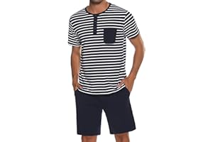 Leversic Schlafanzug Herren Kurz aus Baumwolle mit Kontraststreifen Design, Sommer Pyjama Set Oberteile und Kurze Hosen für Vater und Partner