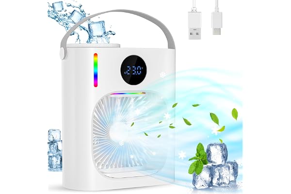 Ambesty Bärbar Luftkylningsapparat på 900 ml, 4 i 1 Mini Kylare med Fläkt, USB Mini Luftkylningsapparat med 3 Hastigheter och RGB-ljus för Sovrum och Små Rum