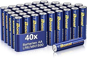 BONAI Longlife Batterie AA, (Pack of 40) Pile AA Stilo Alcaline 1,5V ad Alta Capacità Batteria LR6 Lunga Durata di 10 Anni MN1500, Imballaggio Ecologico, per Giocattoli, Dispositivi di Domotica