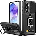 rojarou For Samsung A55 Case with Card Holder, for Sumsung Galaxy A55 Case with Slide Camera Cover and 360° Rotate Ring Kickstand Heavy Duty Protective Phone Case for Samsung A55 Cover-Black