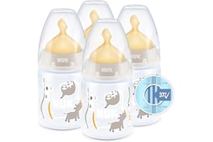 NUK First Choice+ Baby Bottles Set | 0-6 Months | Temperature Control | Anti Colic Vent | 150 ml | BPA-Free | Latex Teat | Safari (Beige) | 4 Count