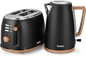 VonShef Kettle and Toaster Set – Scandi 1.7L Rapid Boil Kettle 3000W & 2 Slice Wide Slot Toaster 850W with 6 Browning Controls, Matching Kitchen Set – Nordic Cream and Wood Accents - Fika Range