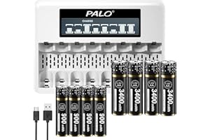 PALOGREEN Ładowarka akumulatorowa z akumulatorami – 4 x bateria AA 3400 mWh i 4 x bateria AAA 900 mWh 1,5 V z 8 gniazdami LCD indywidualne urządzenie do szybkiego ładowania baterii AA AAA litowe