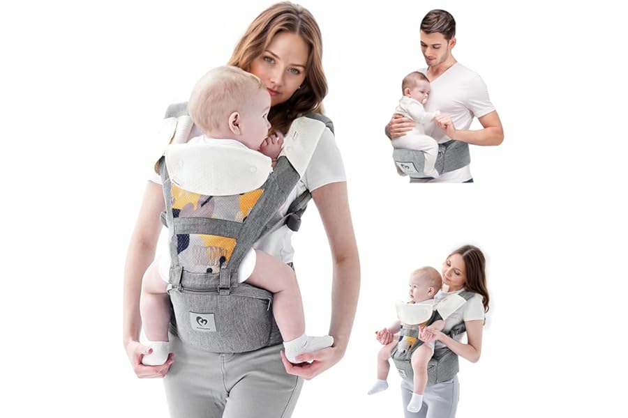 Baby Carrier, Bellababy Multifunction Baby Carrier Hip Seat (Ergonomic M Position) for 3-36 Month Baby, 6-in-1 Ways to Carry, All Seasons, Adjustable Size, Perfect for Shopping Travelling, Grey