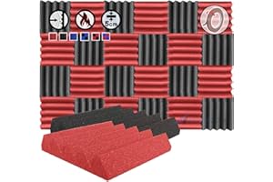 Arrowzoom 24 Pannelli Fonoassorbenti Wedge Cuneo Correzzione acustica Ritardante di Fiamma Isolamento Acustico 25x25x5cm Rosso & Nero