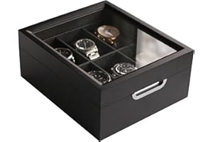 CASE ELEGANCE Uhrenbox 2x3 Modernes Schwarzes Finish mit Aluminiumgriff - für 6 Uhren mit Echtglas Top