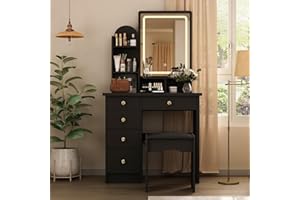 DEZAGCE Schminktisch mit LED verstellbare Beleuchtung und große Spiegel, Kosmetiktisch mit 5 Schubladen, Frisiertisch mit Hocker, Schminktische, Großer Stauraum, Schwarz, MDF, 80 B x 40 T x 140H cm